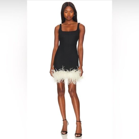 MANURÍ Rinna Ostrich Feather Trim Square Neck Dress Black White Revolve Small - Picture 2 of 9